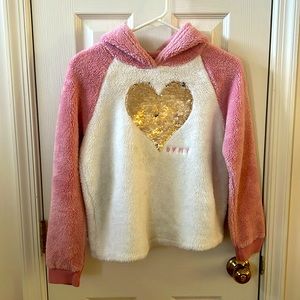 DKNY, Girls Fuzzy Sweater, Golden Sequined Heart Size Large